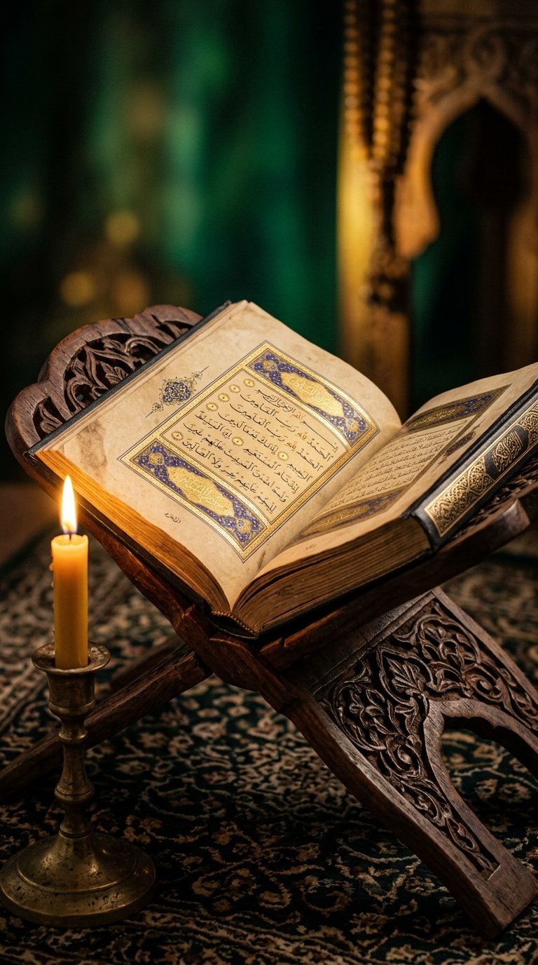المصحف الشريف على الحامل وضوء الشموع
